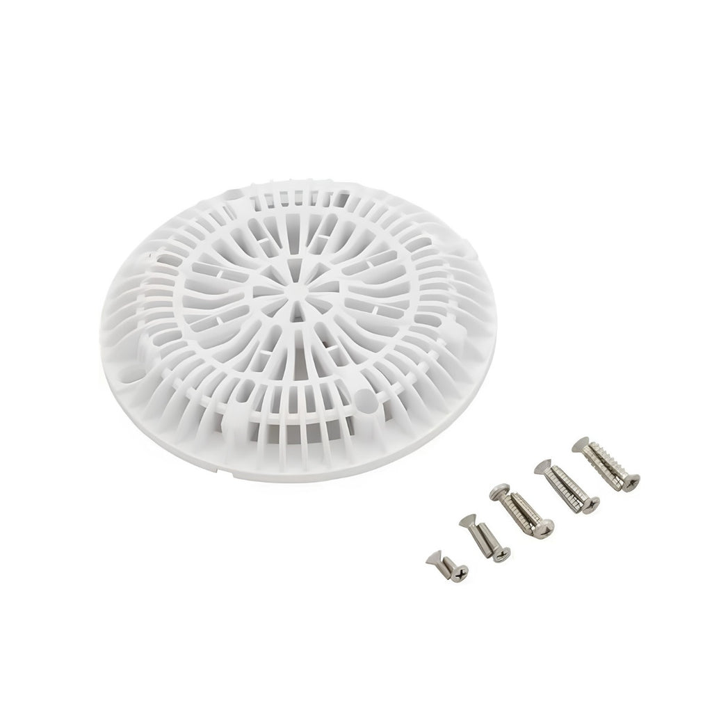 8" Round White Round Anti-Vortex Main Drain Flat Frame and Grate, Gunite - square crop